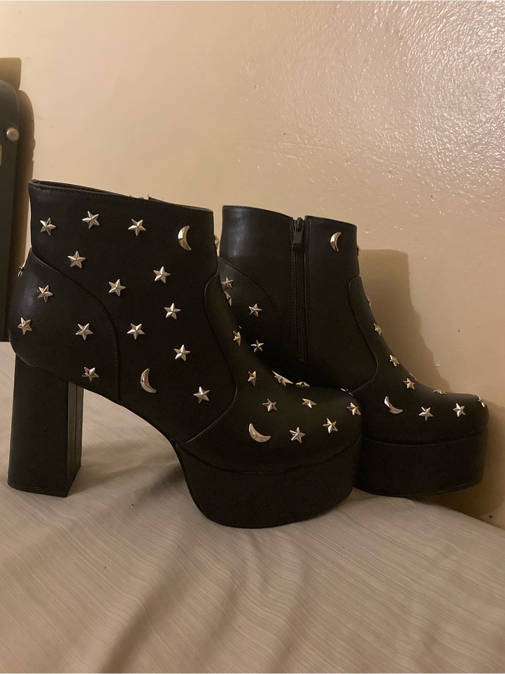 Women’s Black Platform Ankle Boots with Silver Star & Moon Studs